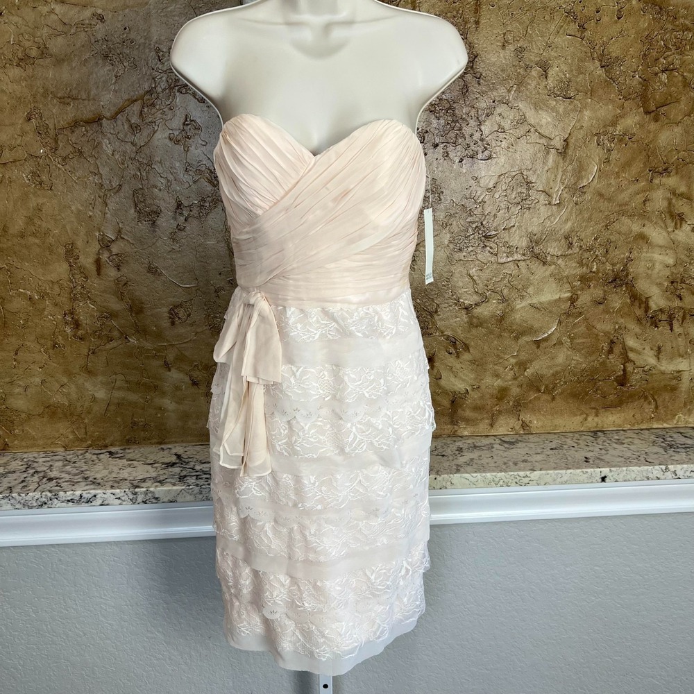 NWT Badgley Mischka Formal Dress 2‎ Strapless Tiered Lace Ruched Bow Blush Silk
